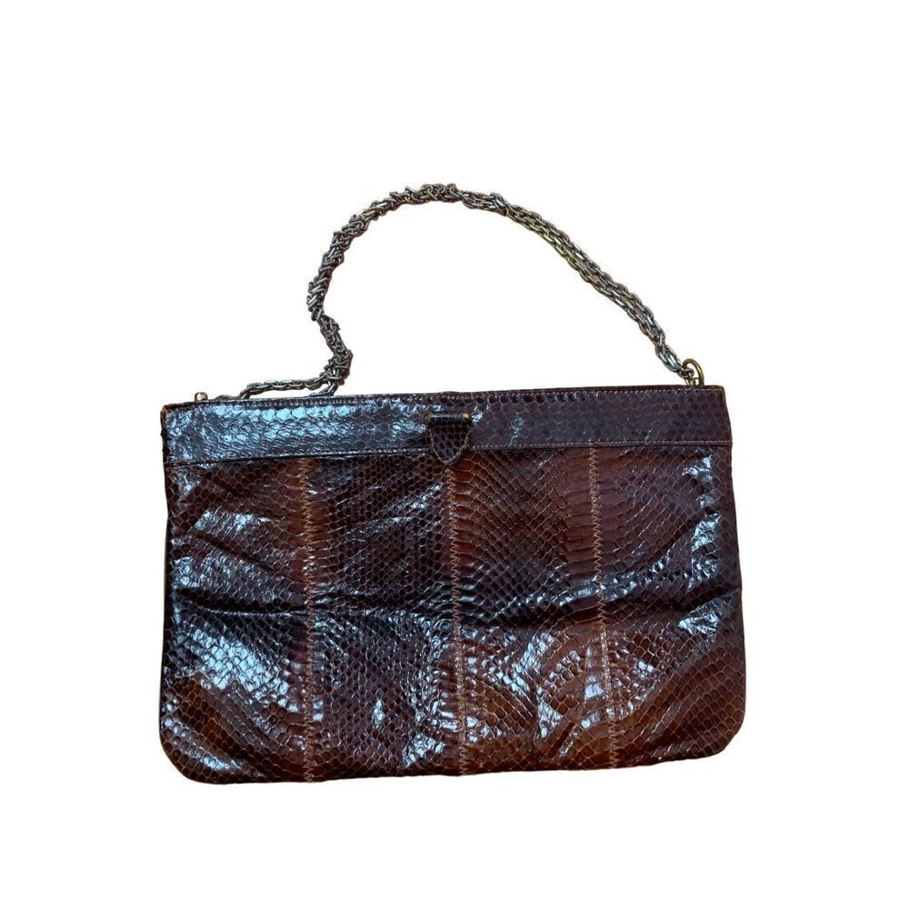 David Mehler For Dame Ladies Brown Snake Skin Print Chain Handle Clutch Handbag - Picture 3 of 8